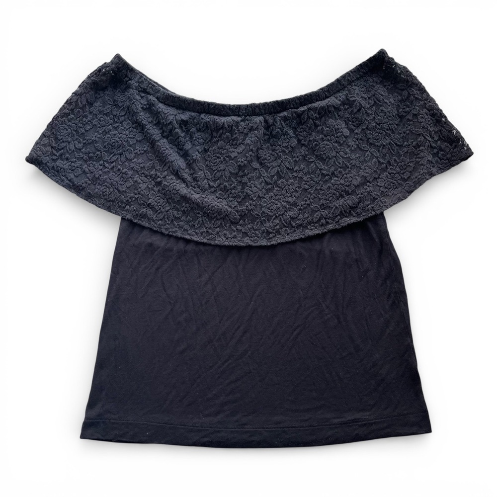 Skye's the Limit Womens L Black Off the Shoulder Floral Lace Tiered Top Chic Y2K